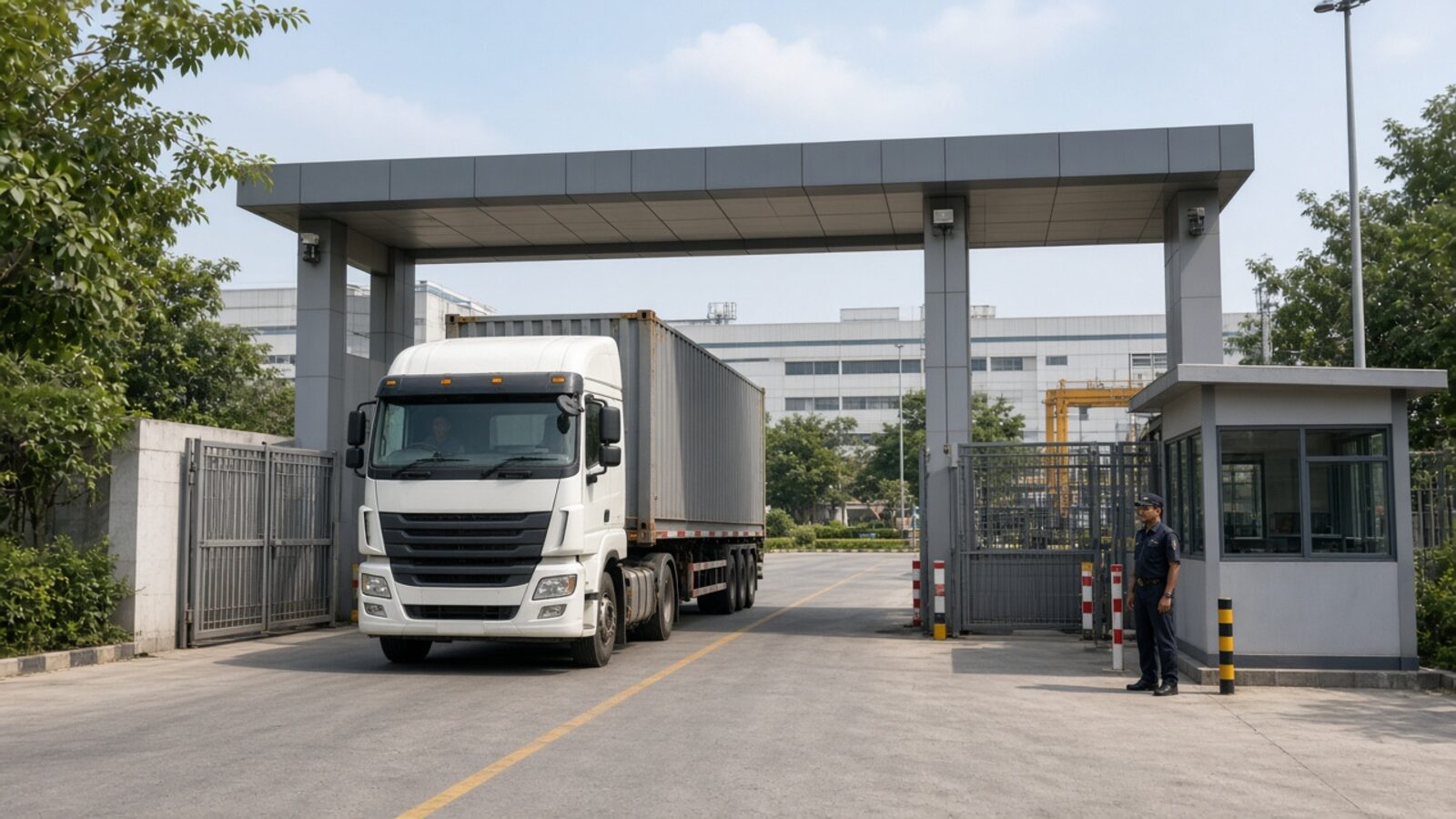 Trucks at a factory gate